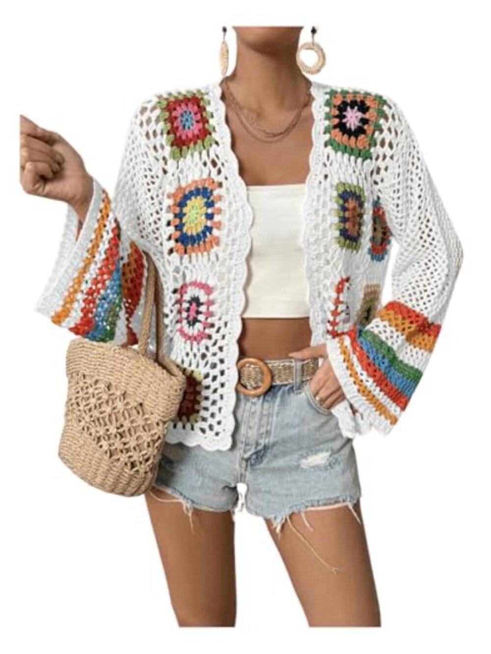 Floral Crochet Cardigan Hollow Out Bell Sleeve Boho Sweater